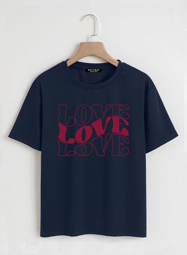 Unisex Oversize Bisiklet Yaka Theree Love Baskılı Basic T-Shirt - LACİVERT - Image 1