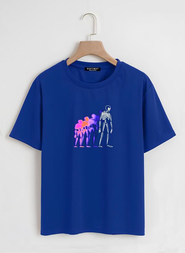 Unisex Oversize Bisiklet Yaka Colorful Skeleton Baskılı Basic T-Shirt - SAKS MAVİSİ - Image 1