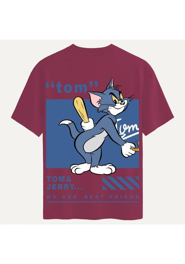 Unisex Bisiklet Yaka %100 Organik Pamuklu Kalın Dokulu Tom Baskılı Oversize T-shirt - BORDO - Image 1