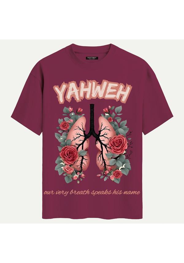 Unisex Bisiklet Yaka %100 Organik Pamuklu Kalın Dokulu YAHWEH Baskılı Oversize T-shirt - BORDO - Image 1