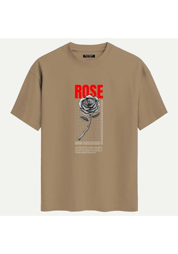 Unisex Bisiklet Yaka %100 Organik Pamuklu Kalın Dokulu Rose Baskılı Oversize T-shirt - AÇIK KAHVERENGİ - Image 1