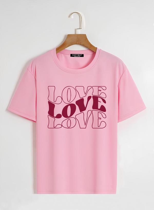 Unisex Oversize Bisiklet Yaka Theree Love Baskılı Basic T-Shirt - PEMBE - Image 1
