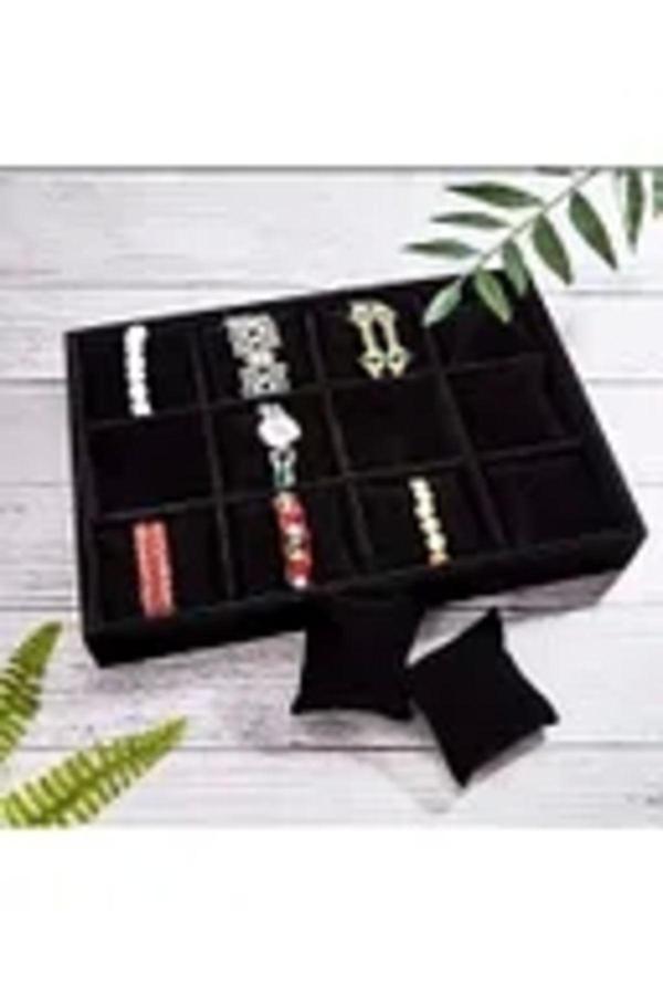 Hedef Bijuteri Yerli Üretim Süet Gri 12 Yastıklı Çekmece Içi Yastıklı Saat Ve Takı Kutusu - Image 1