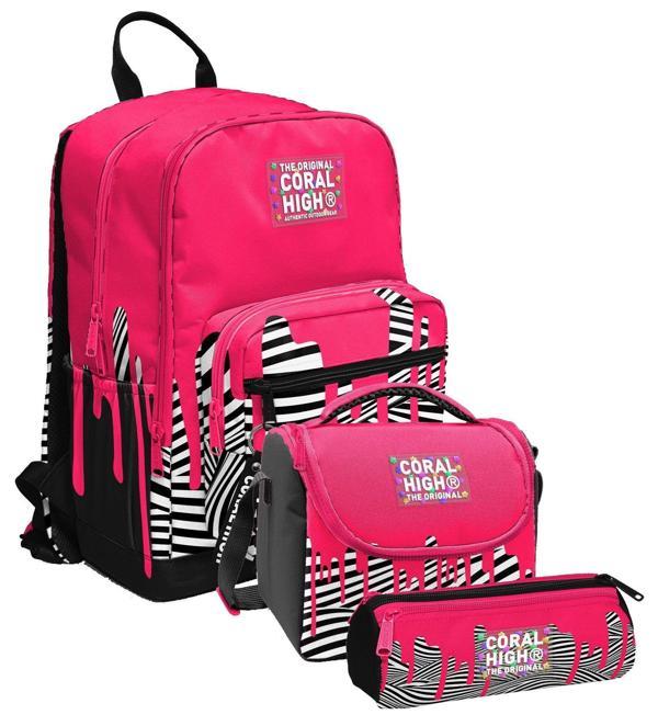 Coral High İlkokul ve Ortaokul Okul Çanta Üçlüsü - Kız Çocuk, Pembe Siyah Beyaz Boya Desenli - Image 1