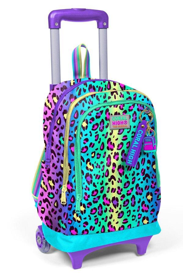 Coral High Işıklı Tekerlekli Çekçek Okul Çantası - 3 Bölmeli, 2’li Sap Ayarı, Mor/Yeşil Leopar Desenli (Kız Çocuk) 26969 - Image 1