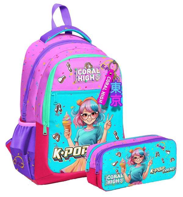 Coral High Üç Bölmeli İlkokul Sırt Çantası ve İki Bölmeli Kalemlik - Kız Çocuk - Pembe K-Pop Dondurmalı Kız - Image 1