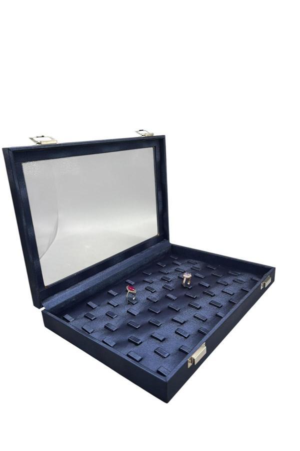Megass Dekor Cam Kapaklı Imera Deri Kumaş Lacivert Renk 34 Cm / 24 Cm Tırnaklı Yüzük Tablası - Image 1