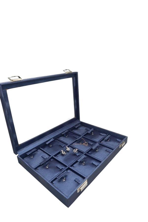Megass Dekor Cam Kapaklı Imera Deri Kumaş Lacivert Renk 34 Cm / 24 Cm Üçlü Set Tablası - Image 1