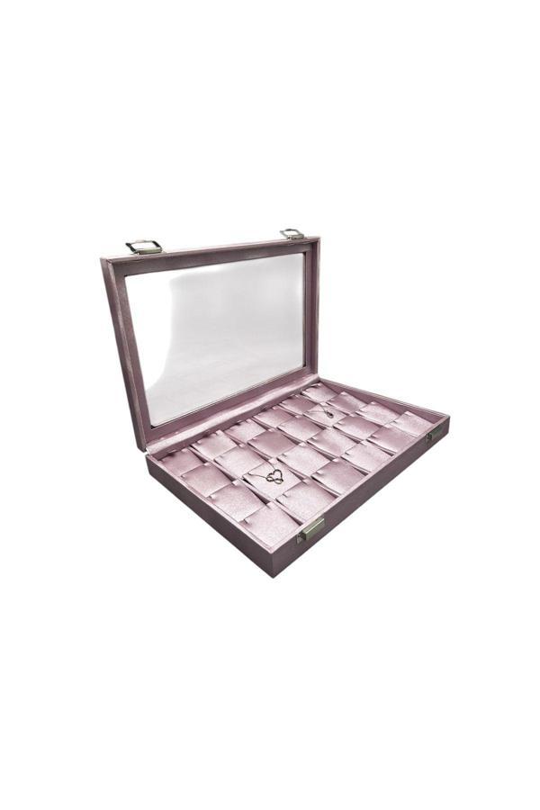Megass Dekor Cam Kapaklı Imera Deri Kumaş Pembe Renk 34 Cm / 24 Cm Bölmeli Kolye Tablası - Image 1