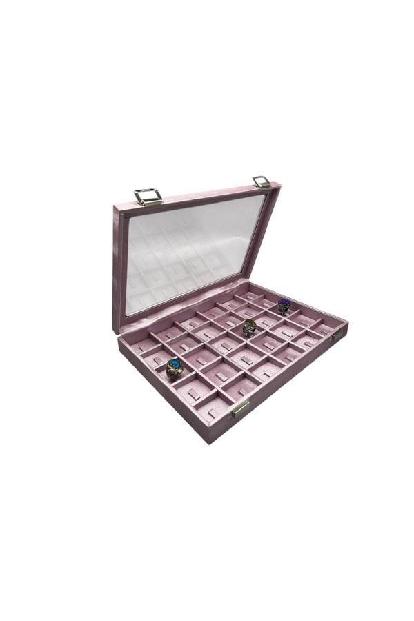 Megass Dekor Cam Kapaklı Imera Deri Kumaş Pembe Renk 34 Cm / 24 Cm Bölmeli Tırnaklı Yüzük Tablası - Image 1