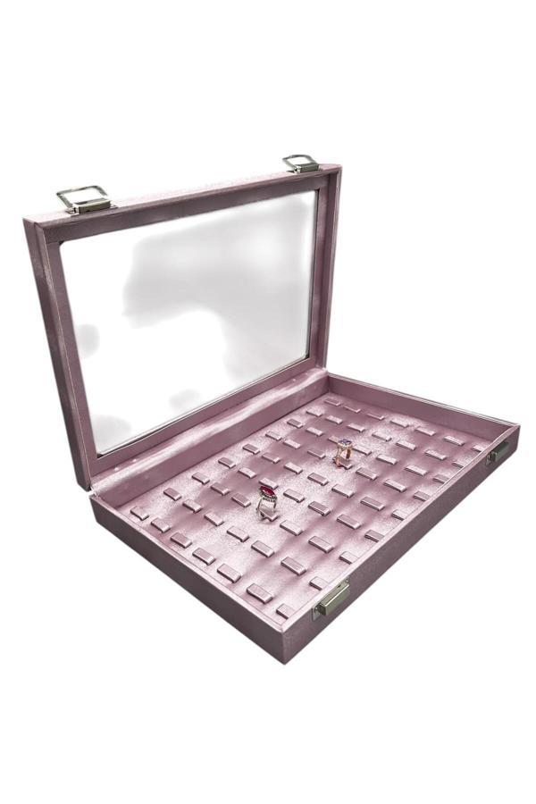 Megass Dekor Cam Kapaklı Imera Deri Kumaş Pembe Renk 34 Cm / 24 Cm Tırnaklı Yüzük Tablası - Image 1