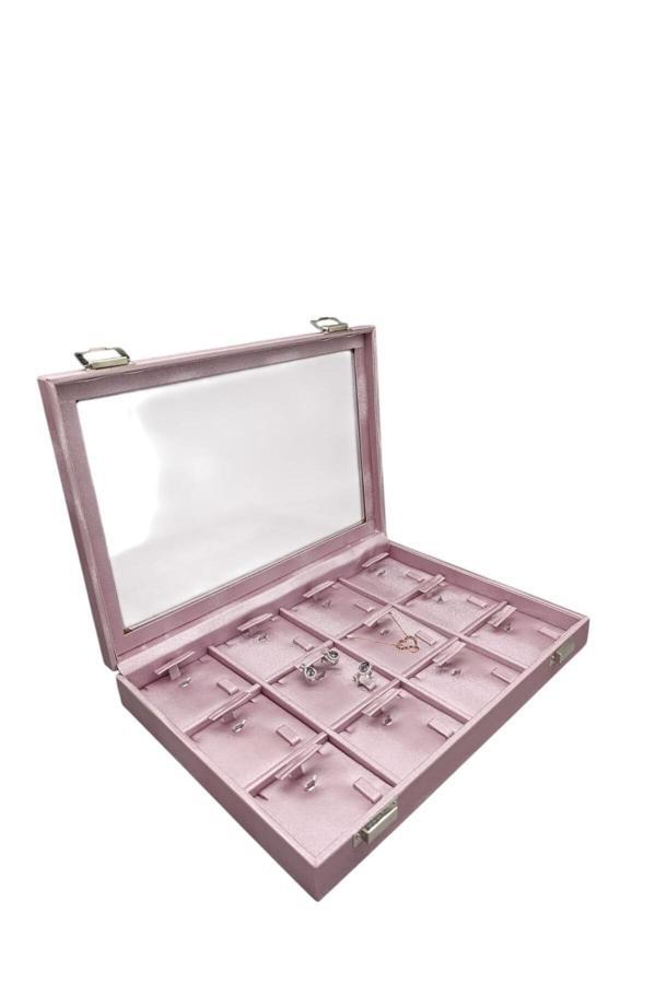 Megass Dekor Cam Kapaklı Imera Deri Kumaş Pembe Renk 34 Cm / 24 Cm Üçlü Set Tablası - Image 1