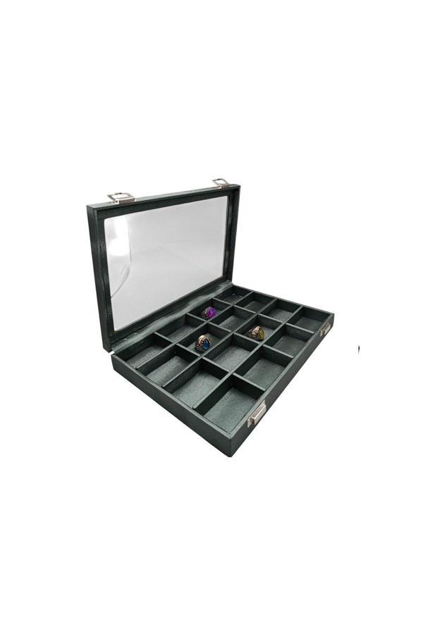 Megass Dekor Cam Kapaklı İmera Deri Kumaş Yeşil Renk 34 Cm / 24 Cm Bölmeli Takı Standı - Image 1