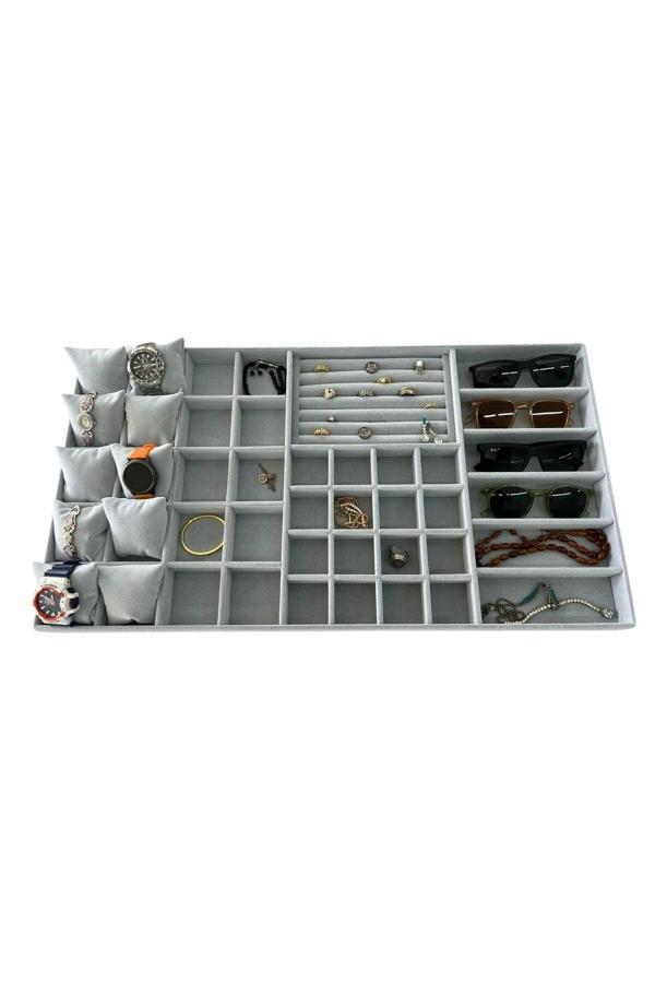 Megass Dekor Süet Kumaş 70/38 Cm Süet Kaplama Gri Renk Çekmece Içi Takı Düzenleyicisi - Image 1