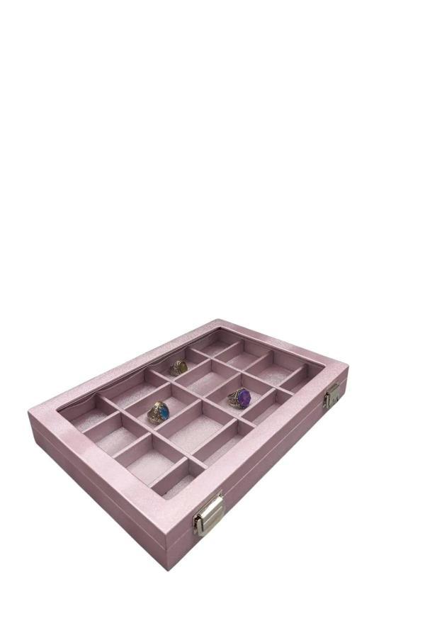 Megass Dekor Cam Kapaklı İmera Kumaş Pembe Renk 34 Cm / 24 Cm Bölmeli Takı Standı - Image 1