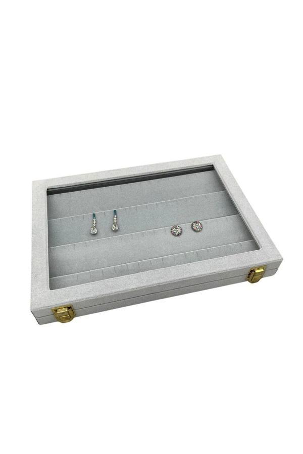 Megass Dekor Cam Kapaklı Süet Kumaş Gri Renk 34 Cm / 24 Cm Küpe Sergileme Standı - Image 1