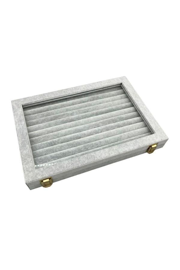 Megass Dekor Cam Kapaklı Süet Kumaş Gri Renk 34 Cm / 24 Cm Sosisli Yüzük Sergileme Standı - Image 1