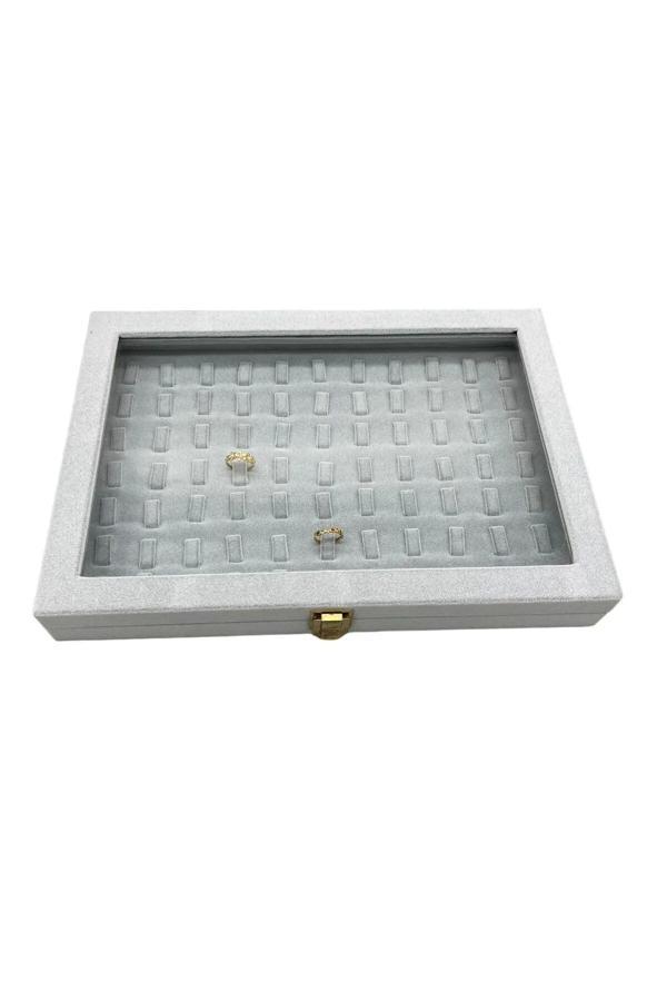 Megass Dekor Cam Kapaklı Süet Kumaş Gri Renk 34 Cm / 24 Cm Tırnaklı Yüzük Sergileme Standı - Image 1