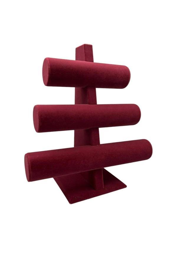 Megass Dekor Süet Kumaş Bordo Renk Üçlü Kademeli 30/26 Cm Bileklik-Saat Sergileme Standı - Image 1