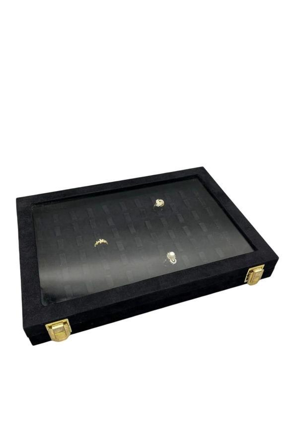 Megass Dekor Cam Kapaklı Süet Kumaş Siyah Renk 34 Cm / 24 Cm Tırnaklı Yüzük Sergileme Standı - Image 1