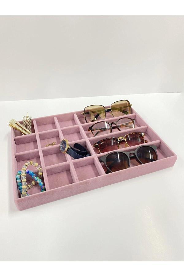 Megass Dekor Paris Model Süet Kumaş Pembe Renk Takı Sergileme Çekmece Içi Stand - Image 1