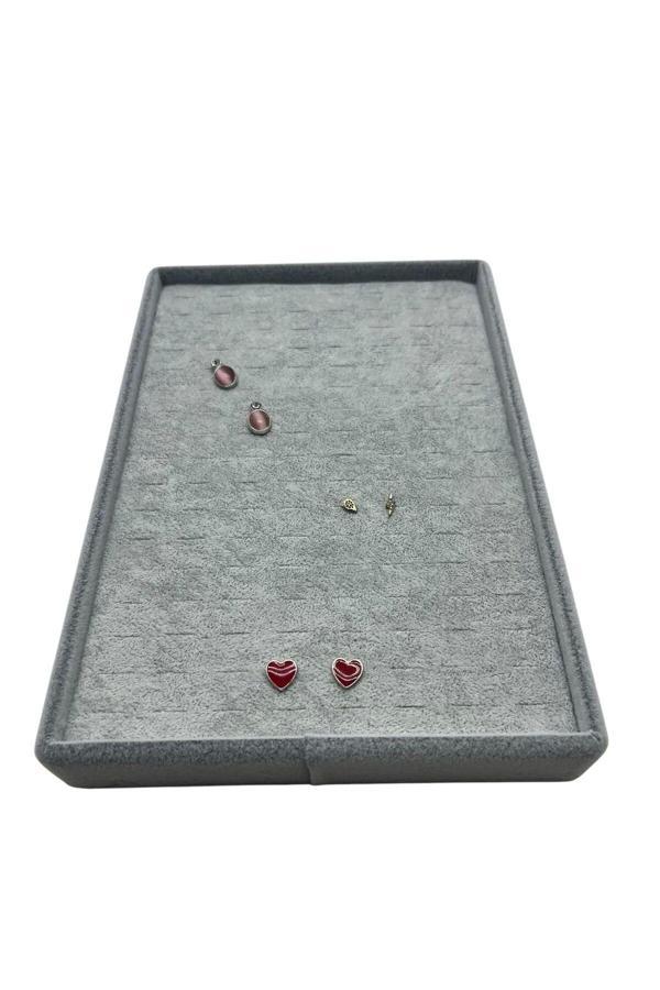Megass Dekor Süet Kumaş Gri Renk 22/14 Cm Batırmalı Piercing -Küpe Tablası - Image 1