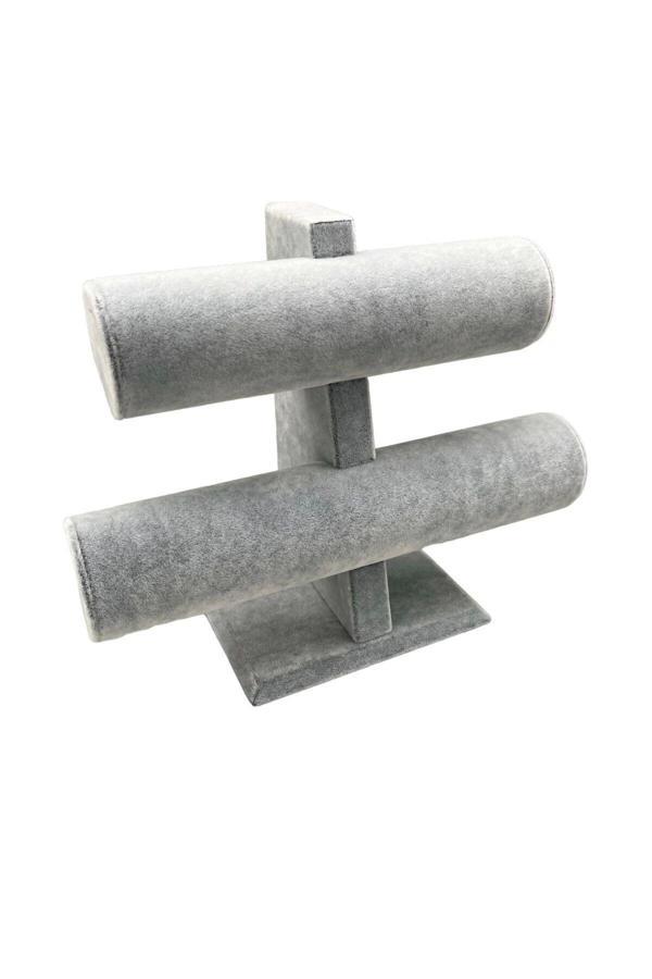 Megass Dekor Yerli Üretim Süet Kaplama Gri Renk 26/18 Cm Iki Kademeli Saat Bileklik Sergileme Standı - Image 1