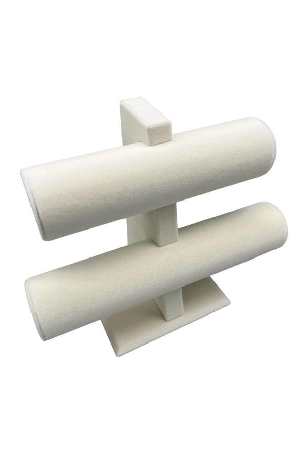 Megass Dekor Yerli Üretim Süet Kaplama Krem Renk 26/18 Cm Iki Kademeli Saat Bileklik Sergileme Standı - Image 1