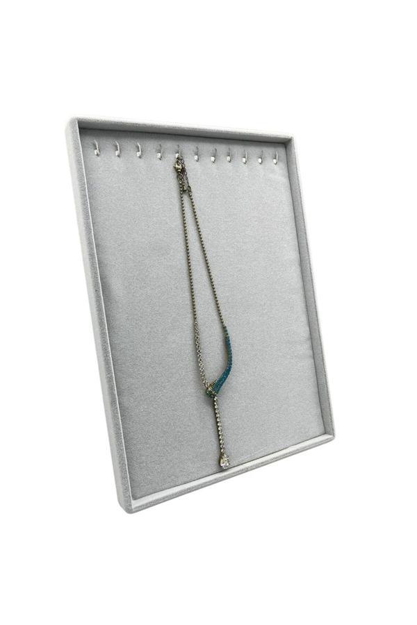 Megass Dekor Süet Kumaş Gri Renk 34/24 Cm Ayaklı Kolye Sergileme Standı - Image 1