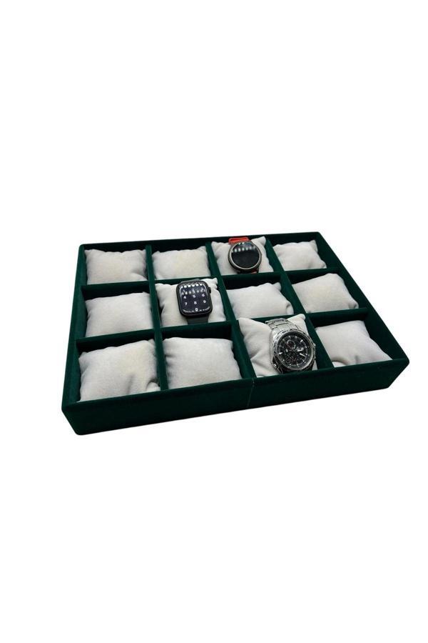 Megass Dekor Tokyo Model Süet Kumaş Yeşil-Beyaz Renk 34/24 Cm Yastıklı Saat Ve Takı Kutusu - Image 1