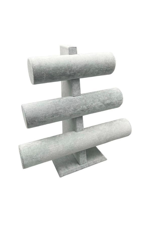 Megass Dekor Yerli Üretim Süet Kumas Gri Renk Üçlü Kademeli 30/26Cm Bileklik-Saat Sergileme Standı - Image 1