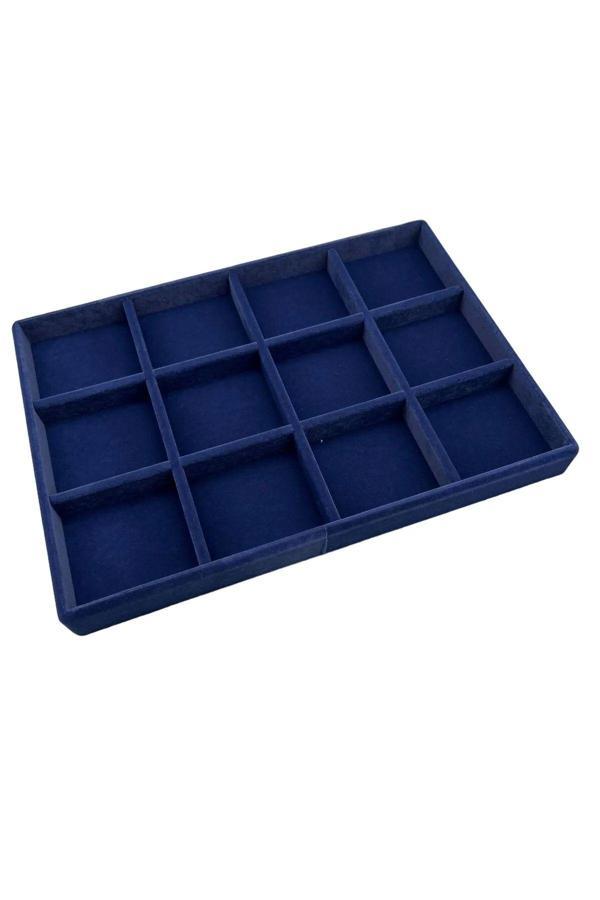 Megass Dekor Yerli Üretim Süet Kumaş Lacivert Renk 34 Cm / 24 Cm On Iki Bölmeli Çekmece Içi Takı Standı - Image 1