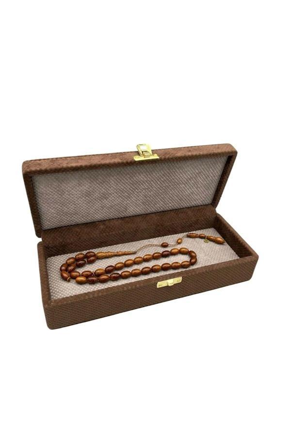 Megass Dekor Kapaklı Keten Kumaş Kahve 25 Cm / 10 Cm Tesbih Sergileme Kutusu - Image 1