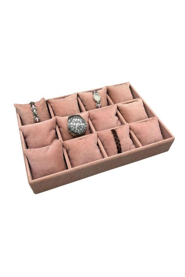 Megass Dekor Yerli Üretim Süet Kumaş Pembe Renk 34/24 Cm 12 Yastıklı Çekmece Içi Takı Kutusu - Image 1