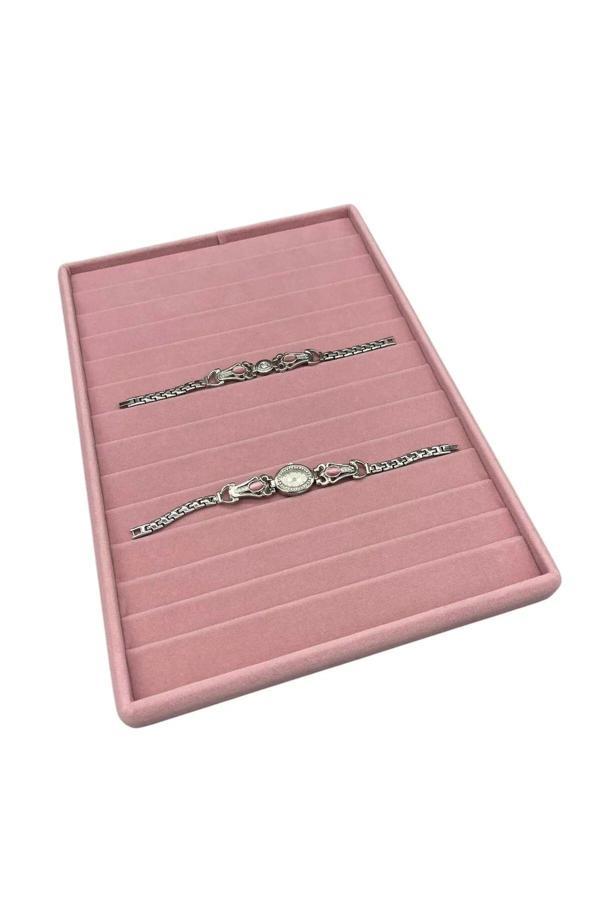 Megass Dekor Yerli Üretim Süet Kumaş Pembe Renk 34/24Cm 14 Adet Kademeli Çekmece Içi Bileklik Tablası - Image 1