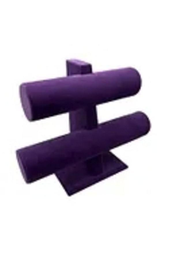 Megass Dekor Süet Kaplama Mor Renk 26/18Cm Iki Kademeli Saat Bileklik Sergileme Standı - Image 1