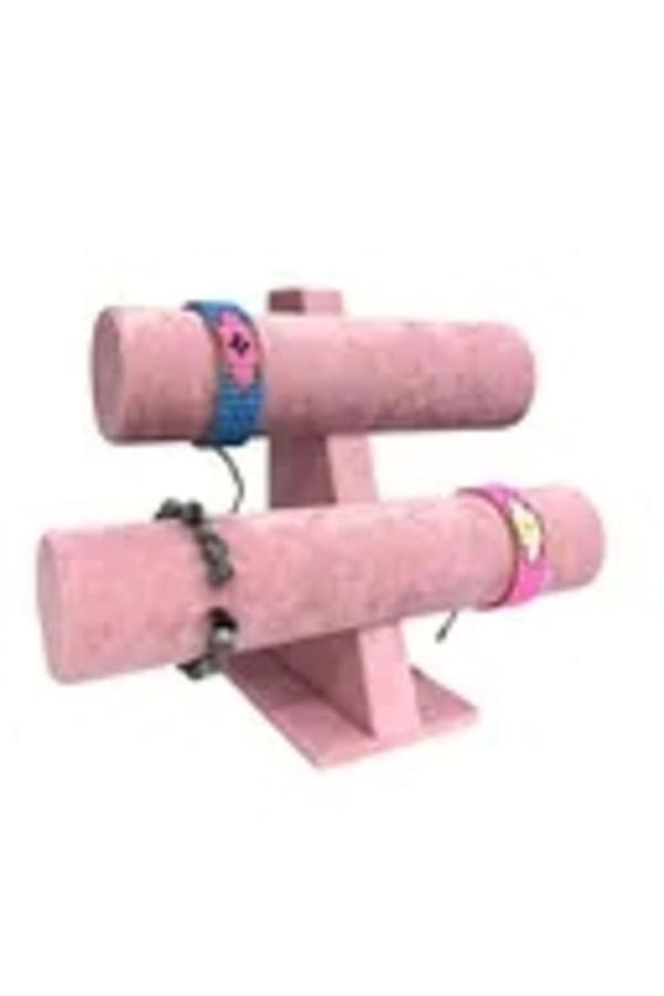 Megass Dekor Süet Kaplama Pembe Renk 26/18 Cm Iki Kademeli Saat Bileklik Sergileme Standı - Image 1