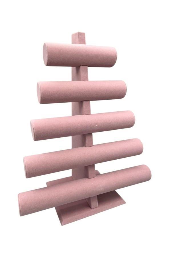 Megass Dekor Yerli Üretim Süet Kumaş Pembe Renk Beş Kademeli 45/34 Cm Bileklik-Saat Sergileme Standı - Image 1