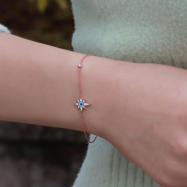 Kutup Yıldızı Figürlü Zirkon Taşlı Mine İşli Rose Gold Kaplama Gümüş Bileklik - Image 1