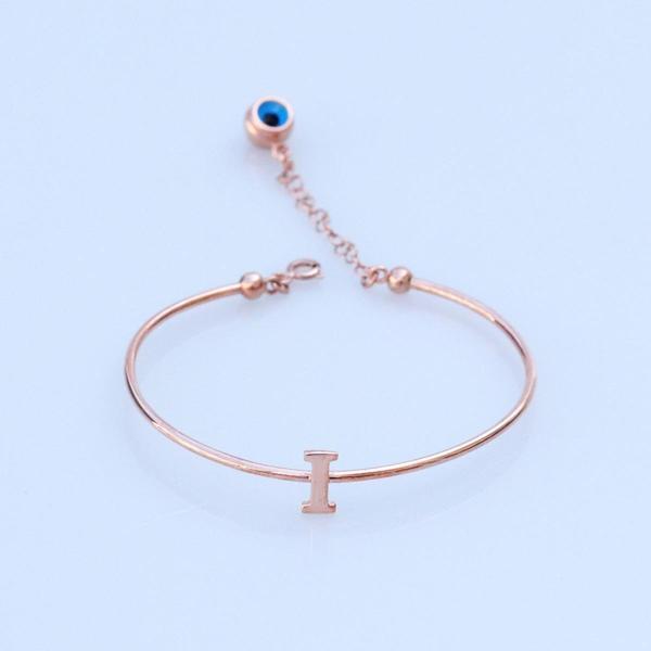 Rose Gold Kaplama Nazar Boncuklu I Harfi Gümüş Bileklik - Image 1
