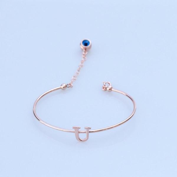 Rose Gold Kaplama Nazar Boncuklu U Harfi Gümüş Bileklik - Image 1