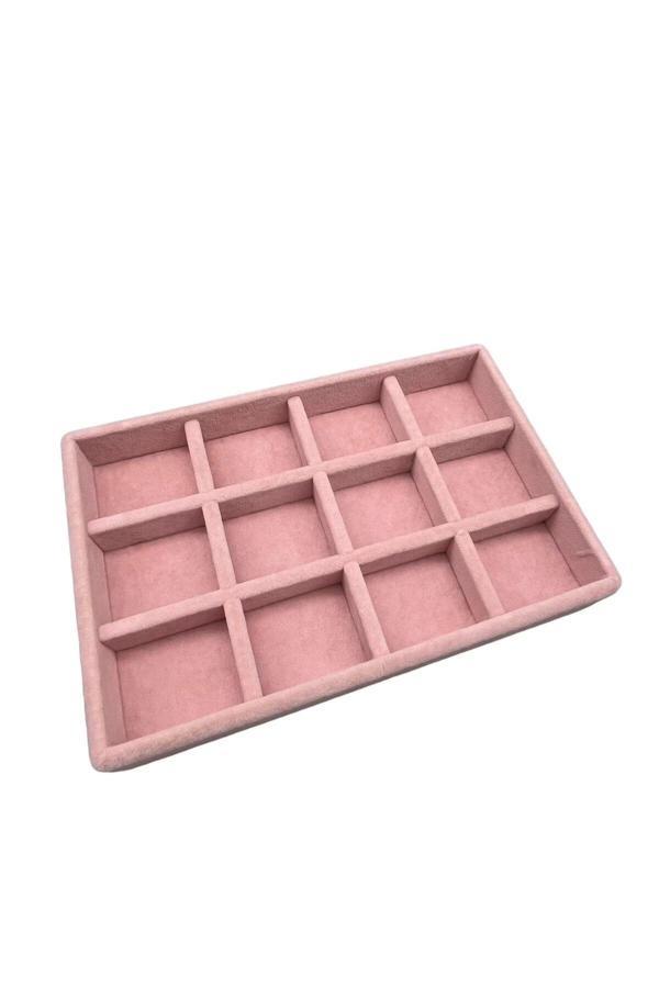 Megass Dekor Yerli Üretim Küçük Boy Süet Kumaş Pembe Renk 12 Bölmeli Takı Sergileme Çekmece Içi Standı - Image 1