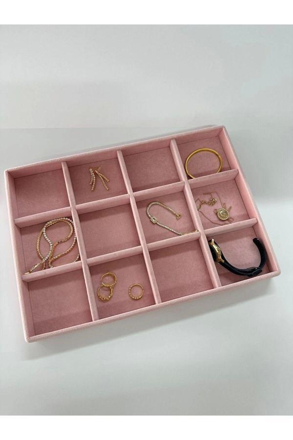 Megass Dekor Süet Kumaş Pembe Renk 34 Cm / 24 Cm 12 Bölmeli Çekmece Içi Takı Standı - Image 1