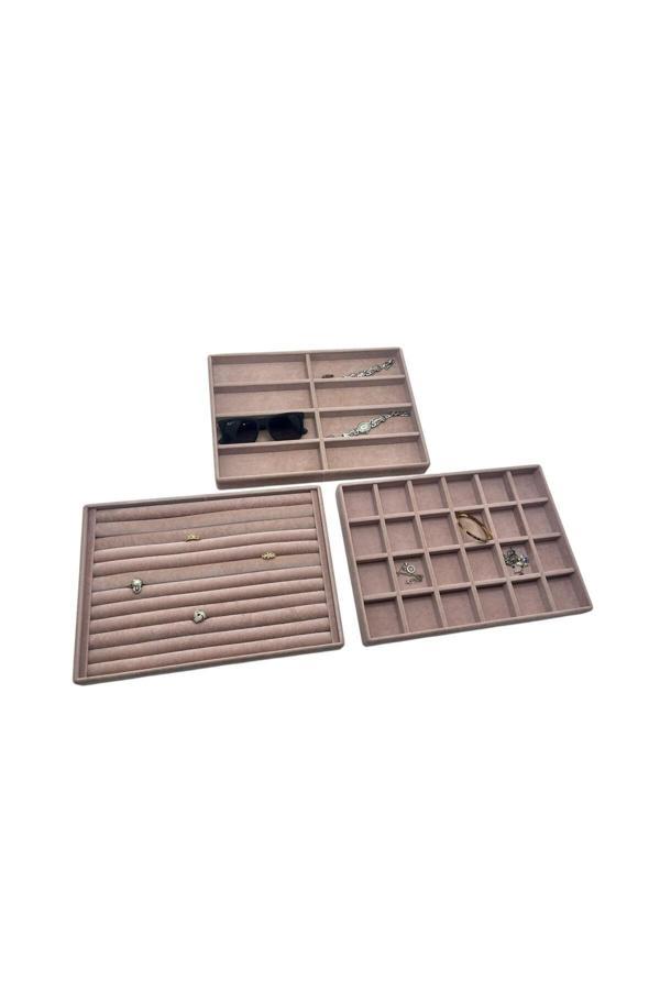 Megass Dekor Süet Kumaş Pembe Renk 34/24 Cm 3 Lü Takım Çekmece Içi Takı Tablası - Image 1