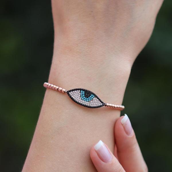Zirkon Taşlı Göz Modeli Rose Gold Kaplama Gümüş Bileklik - Image 1