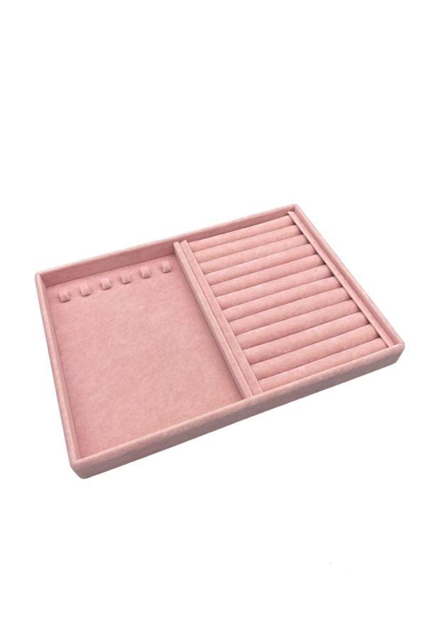 Megass Dekor Yerli Üretim Venedik Model Süet Kumaş Pembe 34/24 Cm Tırnaklı-Sosisli Takı Çekmece Ici Standı - Image 1