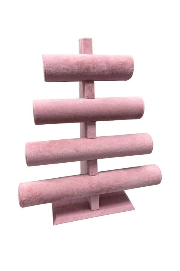 Megass Dekor Süet Kumaş Pembe Renk Dört Kademeli 38/34 Cm Bileklik-Saat Sergileme Standı - Image 1