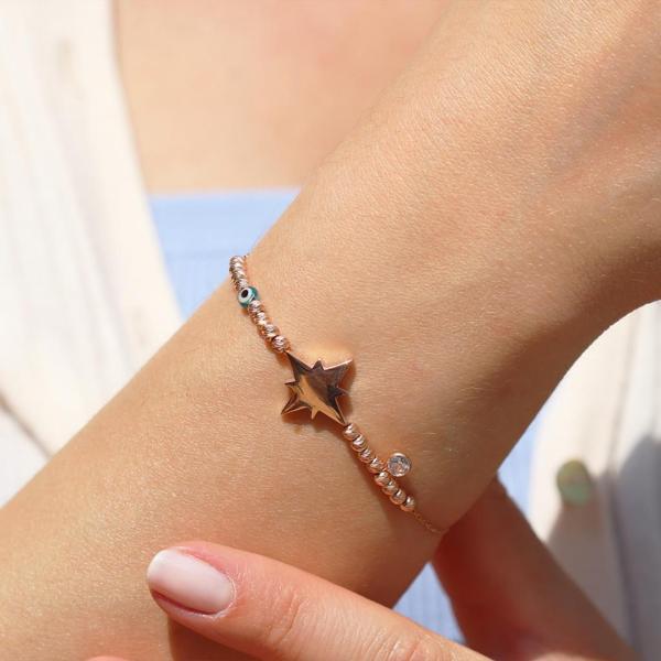 Kutup Yıldızı Nazar Boncuklu Rose Gold Kaplama Gümüş Dorika Bileklik - Image 1
