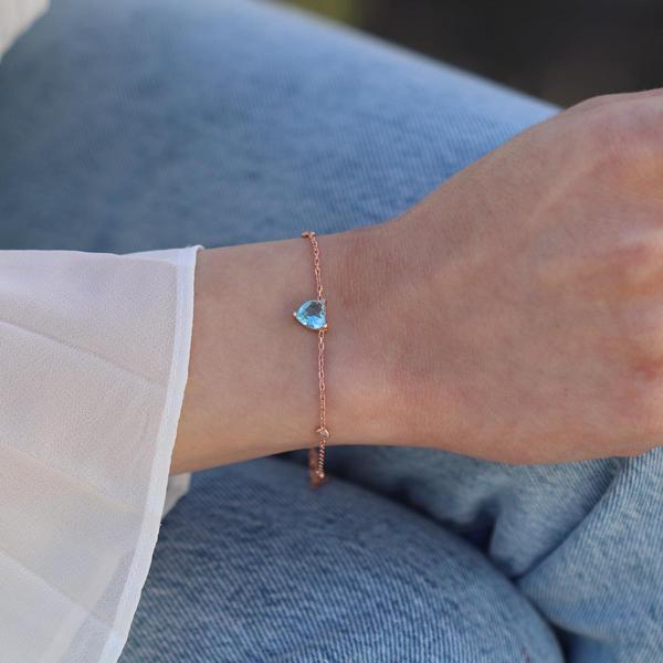 Aquamarin Taşlı Rose Gold Kaplama Sevgili Kalp Gümüş Bileklik - Image 1