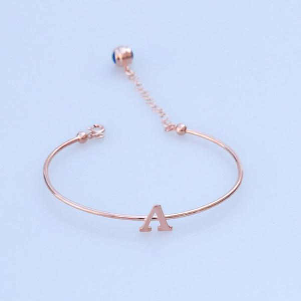 Rose Gold Kaplama Nazar Boncuklu A Harfi Gümüş Bileklik - Image 1